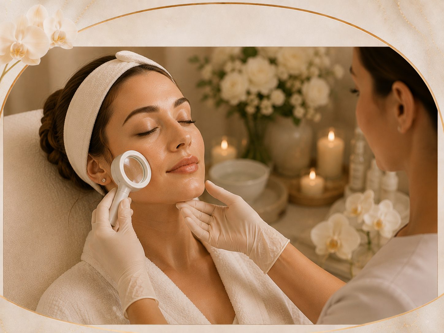 Esthetician perfoming skin analysis at Kuxtal Skin Spa